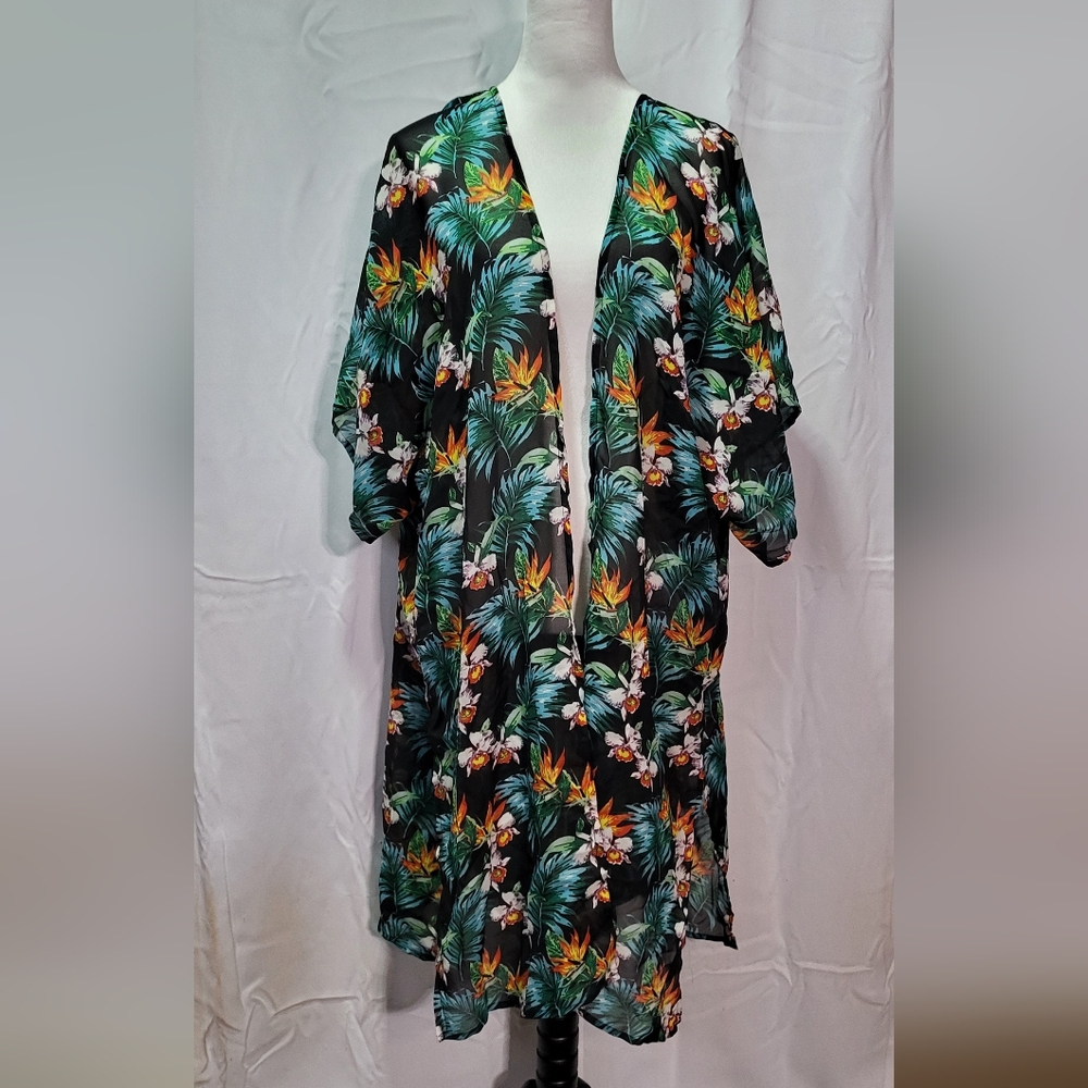 Boohoo Women's NWT Green Skye Tropical Floral Side Slit Long Kimono Size 12 - Picture 4 of 7